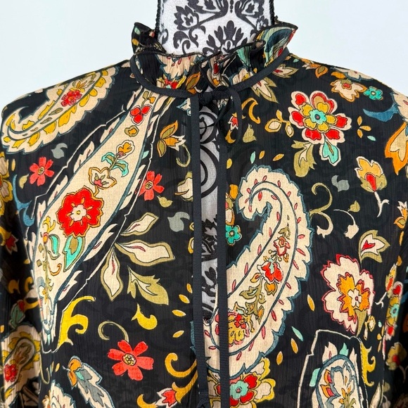 ZARA Floral Paisley Ruffle Boho Blouse Split V-Neck Tie Sleeve Top - Picture 12 of 15